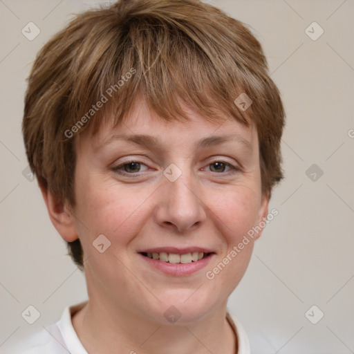 Joyful white adult female with short  brown hair and grey eyes