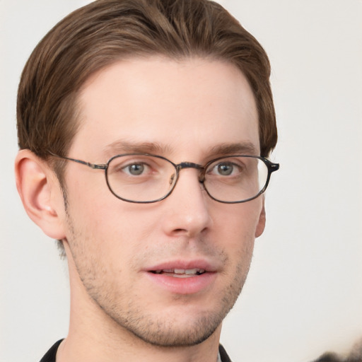 Neutral white young-adult male with short  brown hair and grey eyes