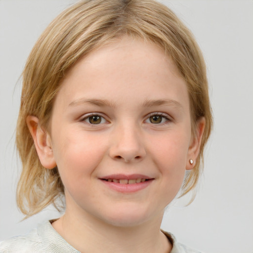 Joyful white child female with medium  brown hair and blue eyes