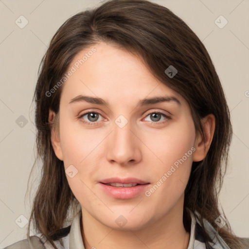 Neutral white young-adult female with medium  brown hair and brown eyes