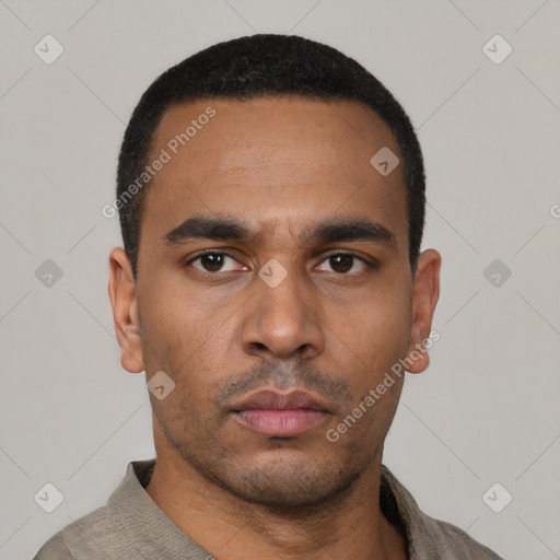 Neutral latino young-adult male with short  black hair and brown eyes