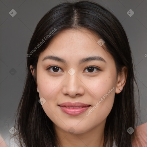 Joyful white young-adult female with long  brown hair and brown eyes