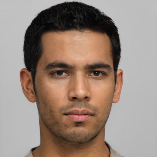 Neutral asian young-adult male with short  black hair and brown eyes