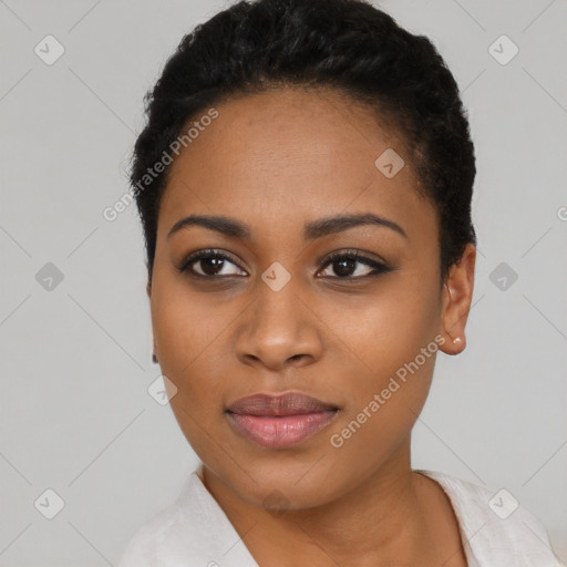 Joyful latino young-adult female with short  black hair and brown eyes