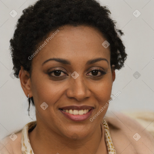 Joyful black young-adult female with short  brown hair and brown eyes