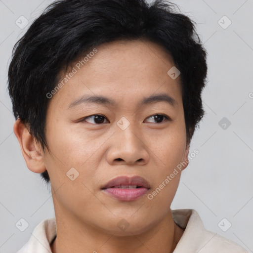 Joyful asian young-adult female with short  brown hair and brown eyes