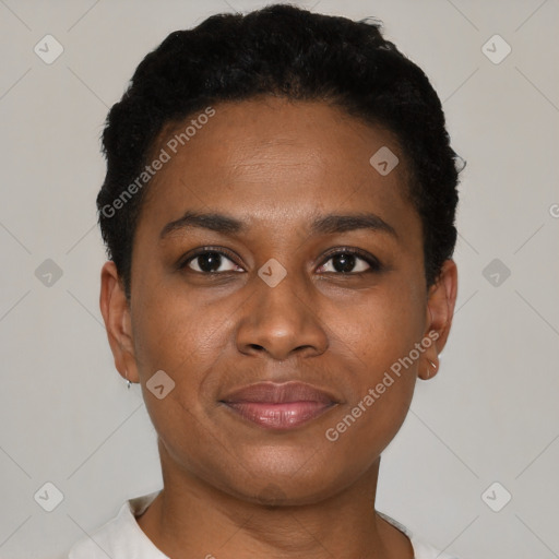 Joyful black young-adult female with short  black hair and brown eyes