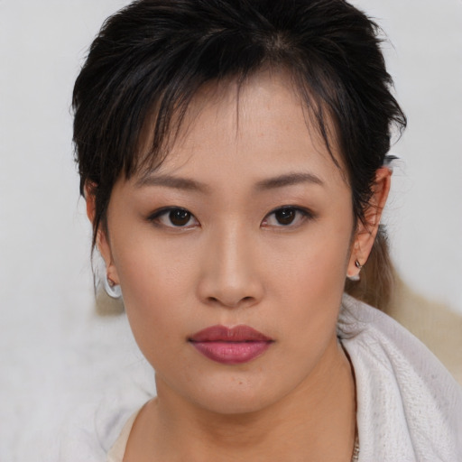 Neutral asian young-adult female with short  brown hair and brown eyes