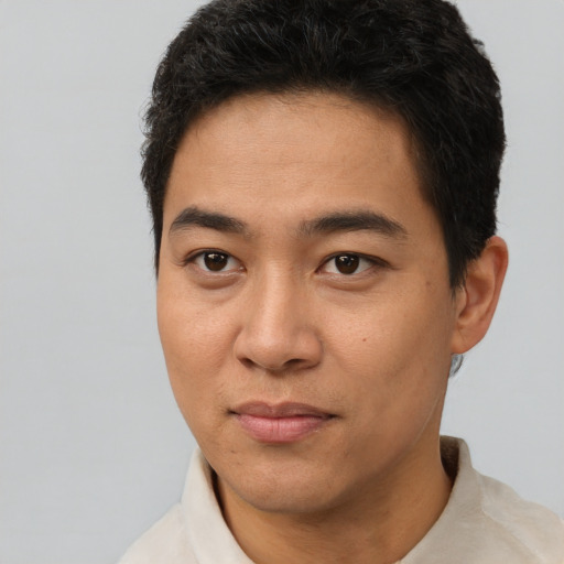 Neutral latino young-adult male with short  brown hair and brown eyes