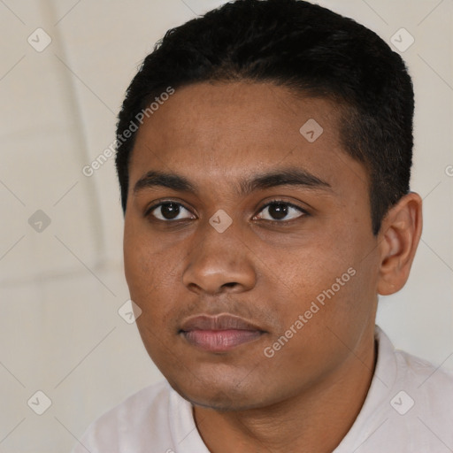 Neutral black young-adult male with short  black hair and brown eyes