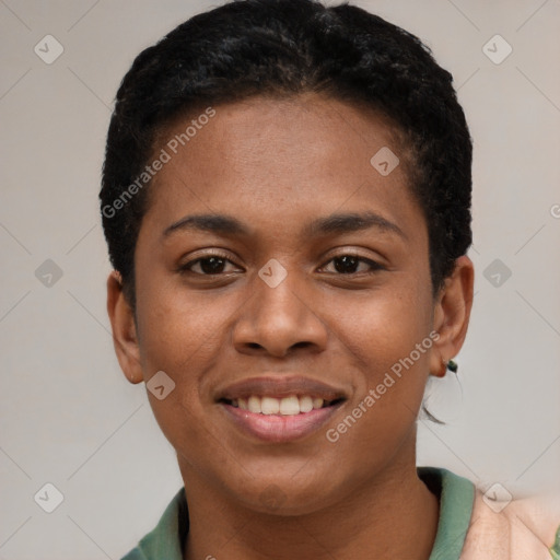 Joyful black young-adult female with short  brown hair and brown eyes