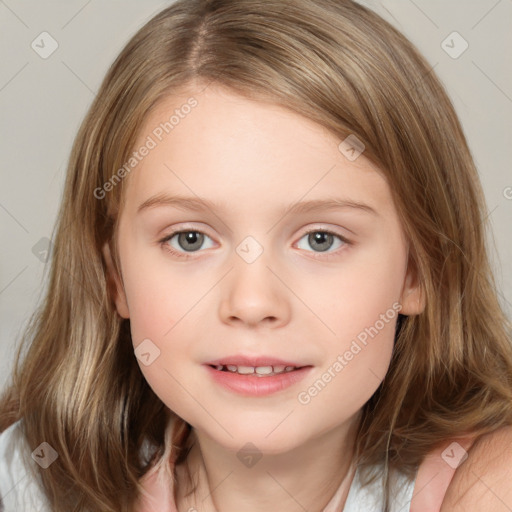 Joyful white child female with medium  brown hair and blue eyes