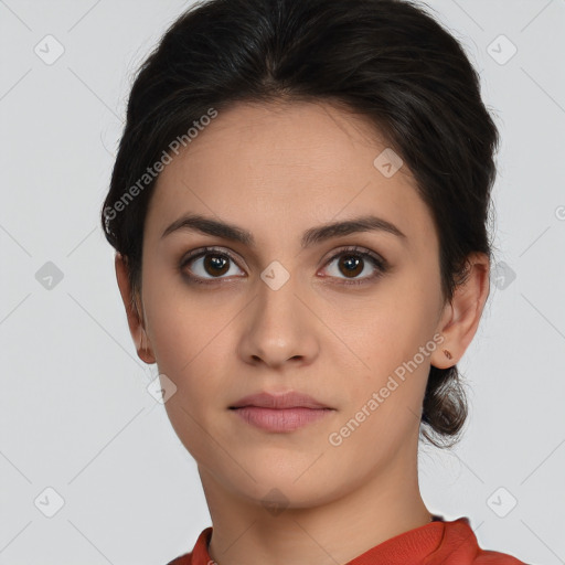 Neutral white young-adult female with short  brown hair and brown eyes