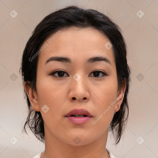 Neutral asian young-adult female with medium  brown hair and brown eyes