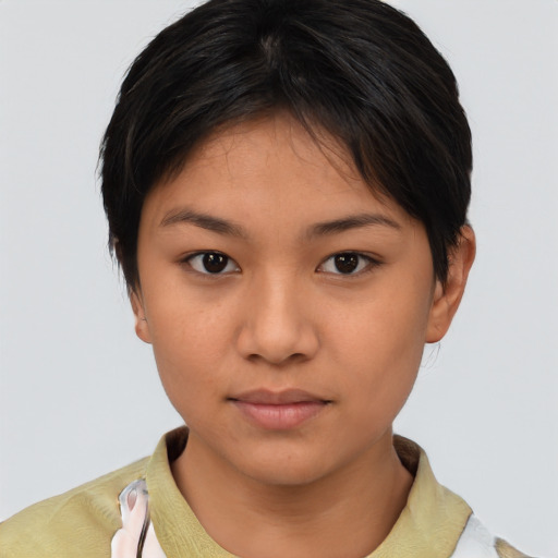 Neutral asian young-adult female with short  brown hair and brown eyes