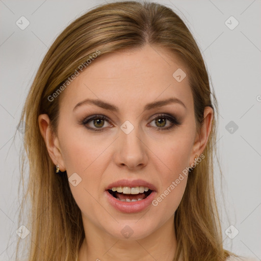 Joyful white young-adult female with long  brown hair and grey eyes