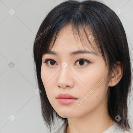 Neutral asian young-adult female with medium  brown hair and brown eyes