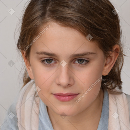 Joyful white child female with medium  brown hair and brown eyes