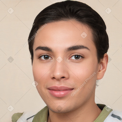 Joyful white young-adult female with short  brown hair and brown eyes