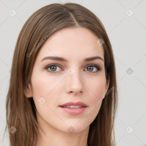 Neutral white young-adult female with long  brown hair and brown eyes