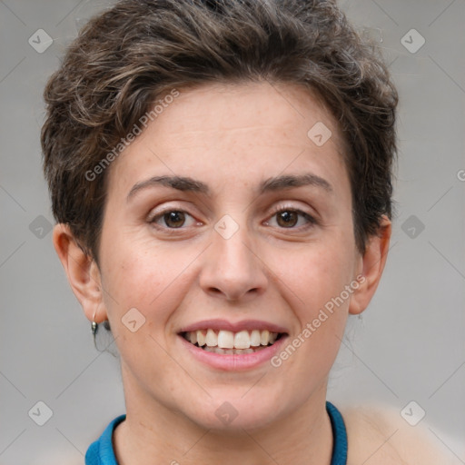 Joyful white young-adult female with short  brown hair and grey eyes