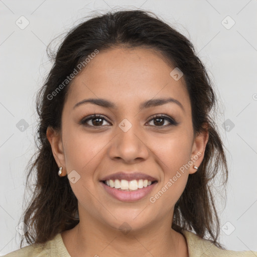 Joyful latino young-adult female with medium  brown hair and brown eyes