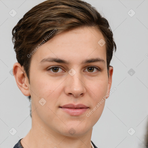 Joyful white young-adult female with short  brown hair and grey eyes