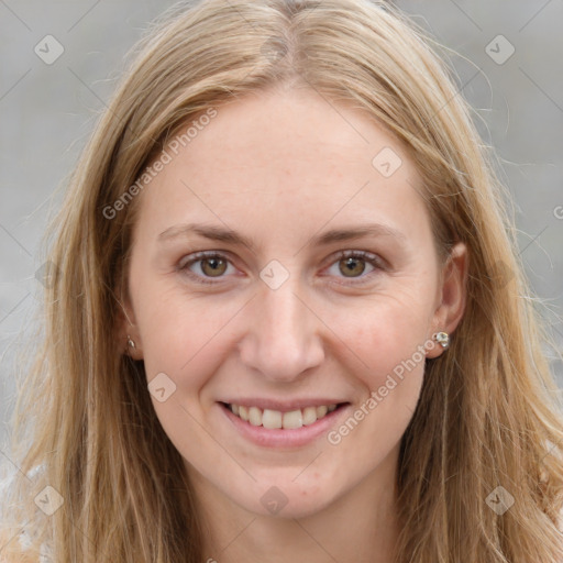 Joyful white young-adult female with long  brown hair and green eyes