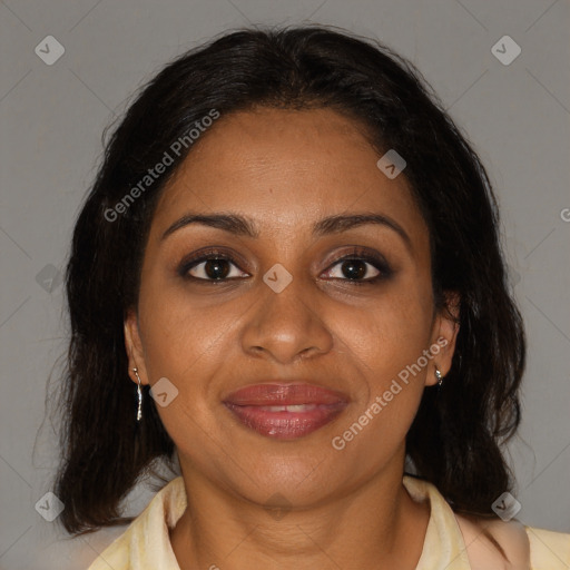 Joyful black young-adult female with medium  brown hair and brown eyes