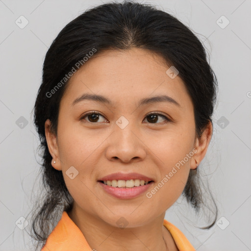 Joyful asian young-adult female with medium  brown hair and brown eyes