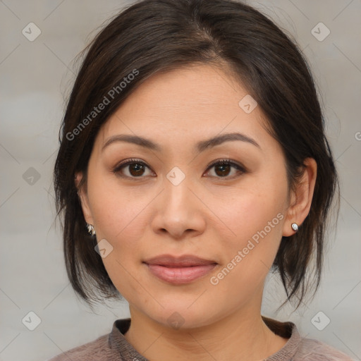 Joyful white young-adult female with medium  brown hair and brown eyes