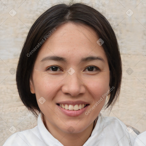 Joyful white young-adult female with medium  brown hair and brown eyes