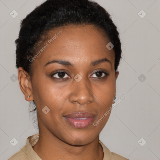 Joyful latino young-adult female with short  brown hair and brown eyes