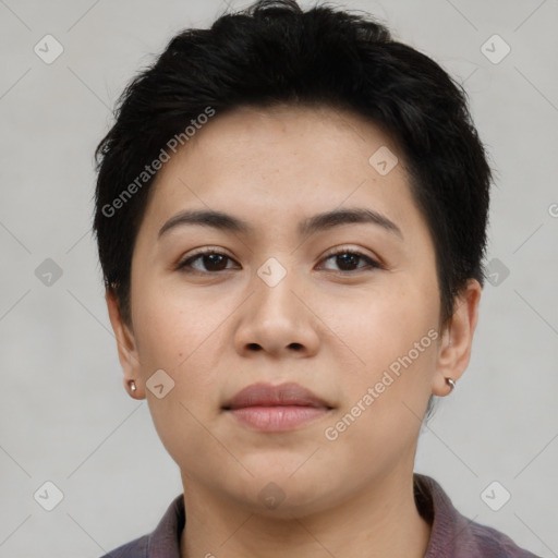 Neutral asian young-adult female with short  brown hair and brown eyes