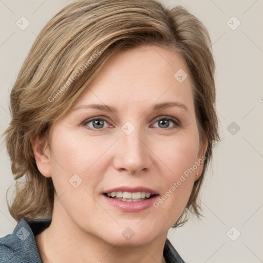 Joyful white young-adult female with medium  brown hair and blue eyes