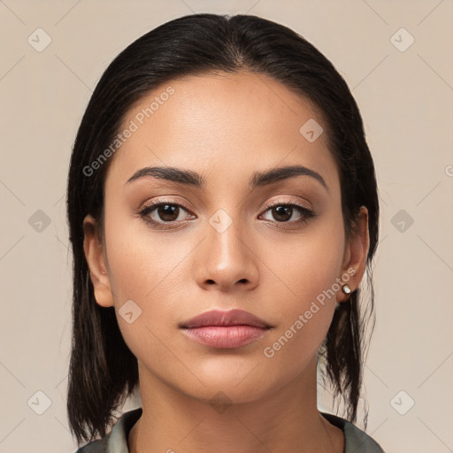 Neutral white young-adult female with medium  brown hair and brown eyes