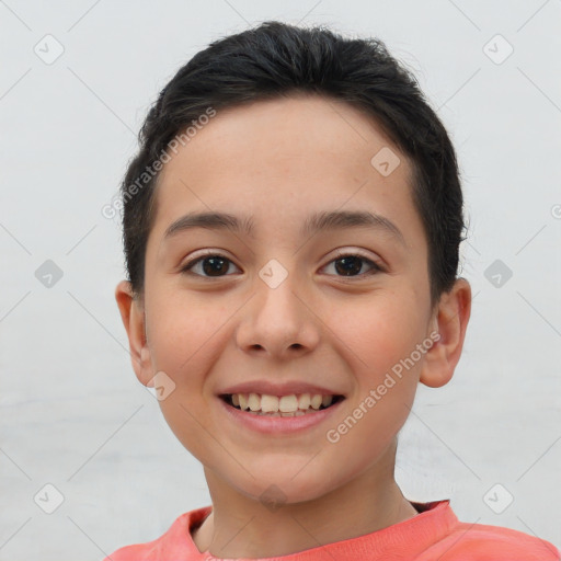 Joyful white child female with short  brown hair and brown eyes