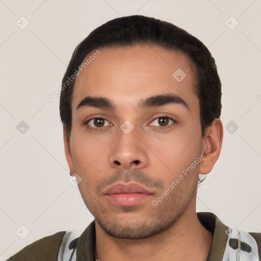 Neutral latino young-adult male with short  black hair and brown eyes