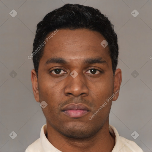 Neutral latino young-adult male with short  black hair and brown eyes