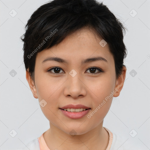 Joyful asian young-adult female with short  brown hair and brown eyes