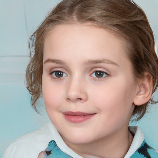 Joyful white child female with medium  brown hair and blue eyes