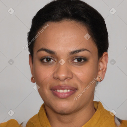 Joyful latino young-adult female with short  brown hair and brown eyes