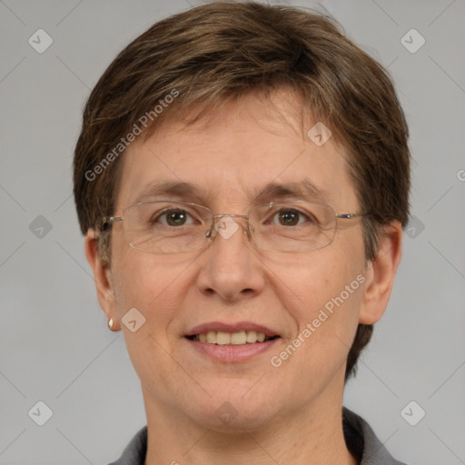 Joyful white adult female with short  brown hair and brown eyes