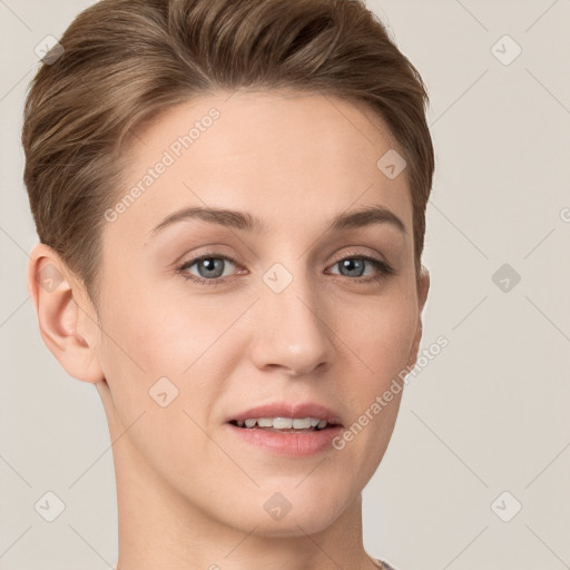 Joyful white young-adult female with short  brown hair and grey eyes