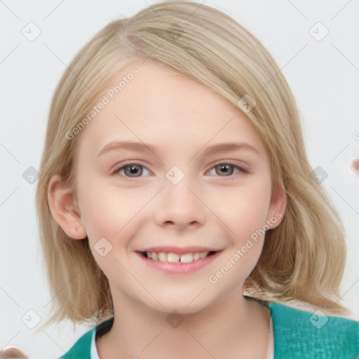 Joyful white child female with medium  brown hair and blue eyes