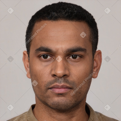 Neutral latino young-adult male with short  black hair and brown eyes