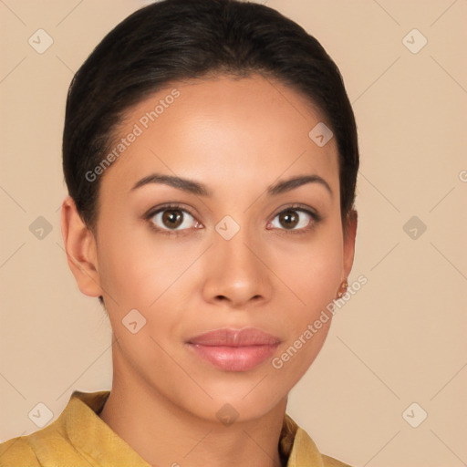 Joyful latino young-adult female with short  brown hair and brown eyes