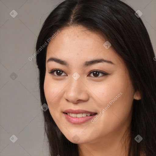 Joyful white young-adult female with long  brown hair and brown eyes