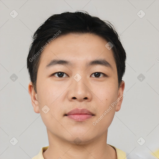 Neutral asian young-adult male with short  black hair and brown eyes