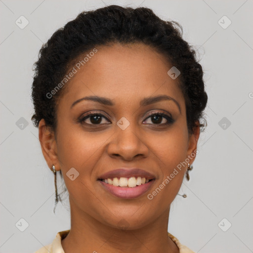 Joyful latino young-adult female with short  brown hair and brown eyes